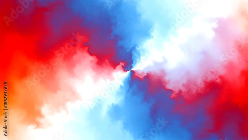 Vibrant colorful smoke clouds in red blue and white hues swirling abstractly from a central point