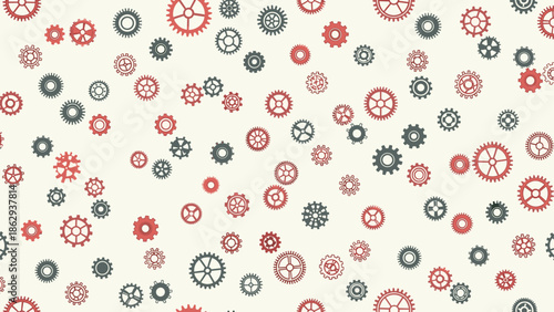 Intricate seamless pattern composed of numerous industrial gears and cogs in varying sizes and colors, symbolizing mechanics, teamwork, and complex systems.