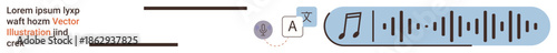 Translation services, language learning, audio technology, education tools, communication, global outreach. Digital text with translation icon and sound wave graphics. Translation and language