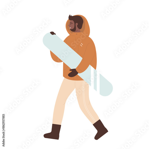 Happy man in winter jacket walking with snowboard to ride vector illustration
