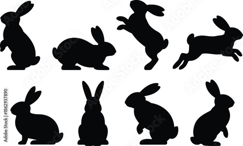 Rabbit silhouette set, black bunny poses collection, animal vector illustration, Easter design elements isolated on white background, graphic icon bundle
