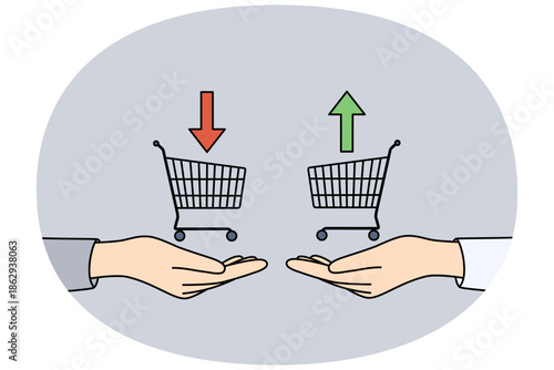 Traders hands with consumer baskets and up or down arrows symbolize buying and selling bonds in stock market. Traders make profitable transactions to obtain investment profits from speculative actions