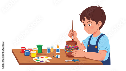 Cheerful child enthusiastically painting colorful patterns on a terracotta pot at a wooden table, surrounded by art supplies, showcasing a fun and educational activity.