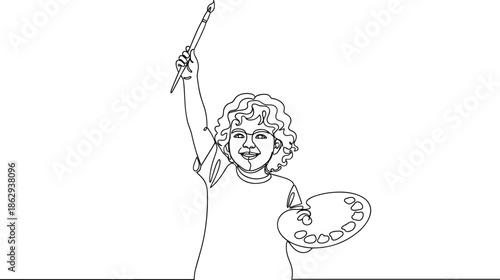Young artist holding paintbrush and palette with joyful expression