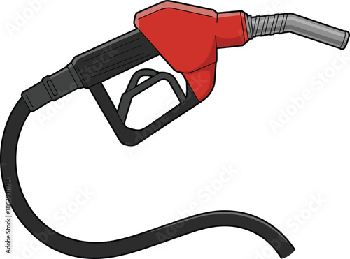 Red gasoline fuel nozzle with black hose isolated on white background, vector illustration for gas station petroleum industry concept design
