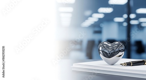Silver heart paperweight on office desk with large negative space for corporate Valentine