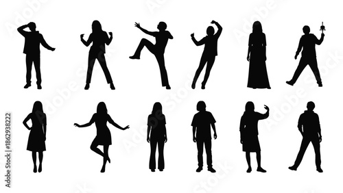 Silhouettes of people in various dynamic poses expressing movement and activity
