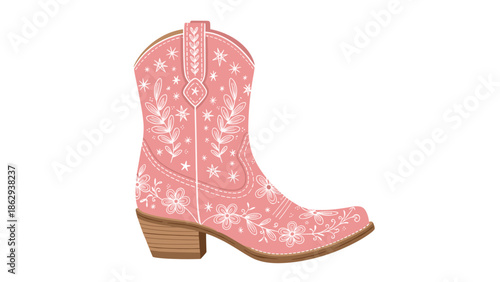 Whimsical pink cowboy boot adorned with intricate white floral patterns and sparkling stars, combining rustic charm with a touch of feminine elegance.