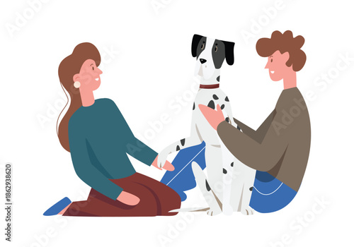 Couple sitting with dog on floor, girl holding puppy paw vector illustration