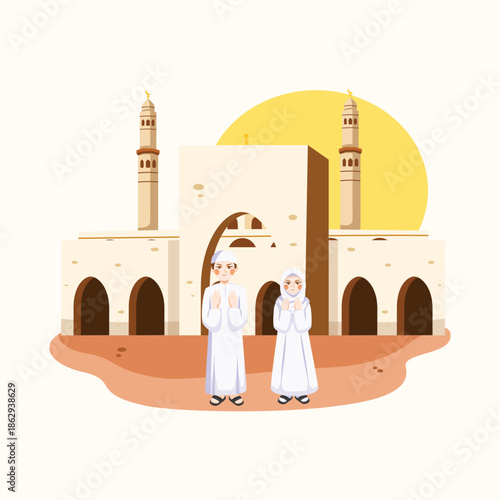 A flat illustration of Muslim pilgrims standing in front of a mosque, representing umrah worship, spiritual devotion, and Islamic culture.
