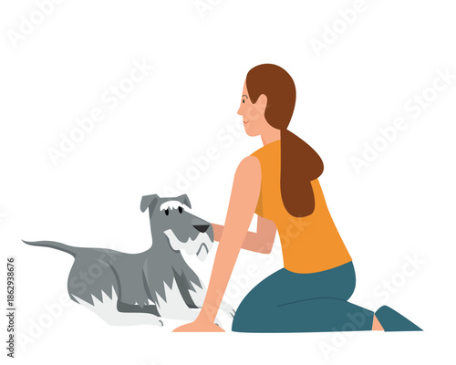 Woman and happy dog sitting on floor, young woman playing and hugging pet friend vector illustration