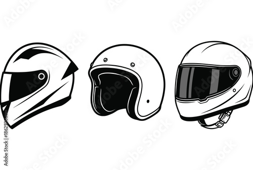 Three different motorcycle helmets isolated on white background, Vector, illustration