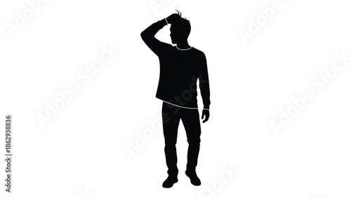 Silhouette of a person with hand raised to head appearing thoughtful