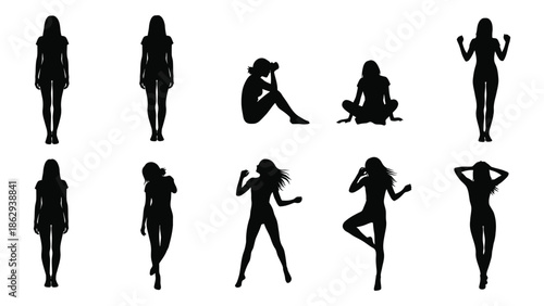 Collection of female silhouettes in various poses against a white background