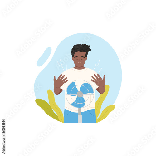 Man standing at blowing electric fan to enjoy cool wind in summer heat vector illustration