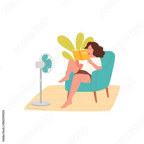 Young woman sitting in home armchair near electric fan to read book vector illustration