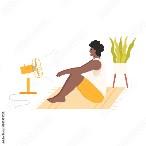 Young man sitting on home carpet on floor at blowing fan, guy enjoying fresh breeze vector illustration