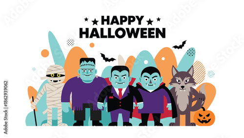 Famous halloween monsters including vampire wolfman mummy and frankenstein standing together with a pumpkin for holiday celebration fun.