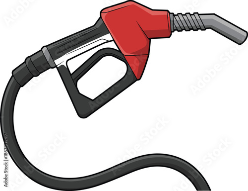 Red gasoline fuel nozzle with black hose isolated on white background, vector illustration for gas station, energy, petroleum industry concept