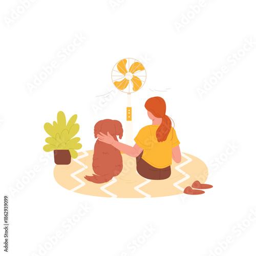 Girl and dog sitting at electric fan in summer heat, back view vector illustration