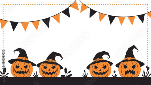 Four spooky jack-o-lanterns wearing black witch hats lined up under a festive halloween banner with triangular flags and grass.