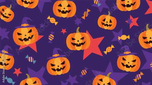 Seamless pattern for halloween featuring carved pumpkins wearing witch hats with colorful candies and stars on a purple background.