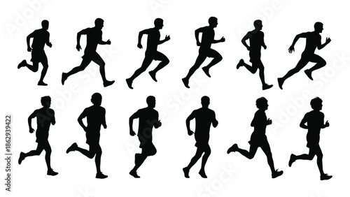 Silhouettes of people running in various dynamic poses and actions