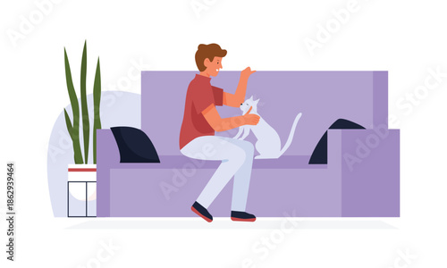 Man sitting on sofa of home living room with cat, male character and kitten spend time together vector illustration