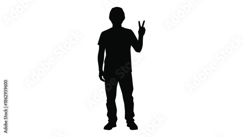 Silhouette of a person making a peace sign with their hand raised
