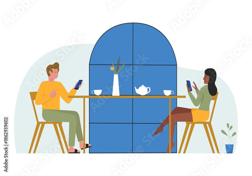 Couple sitting at table in cafe or restaurant, man and woman with mobile phones vector illustration