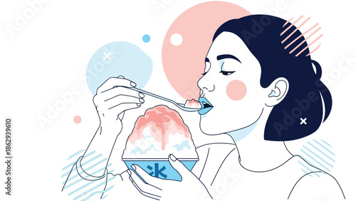 Stylish illustration of a woman enjoying a bowl of pink and white shaved ice with abstract geometric background elements and shapes.