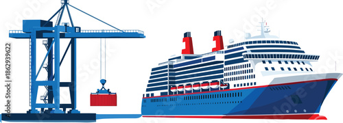 Cargo port illustration with container crane loading modern cruise ship maritime logistics harbor transportation shipping industry vector design international trade concept
