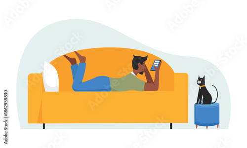 Man lying on sofa at home, person using mobile messenger app to text friends vector illustration