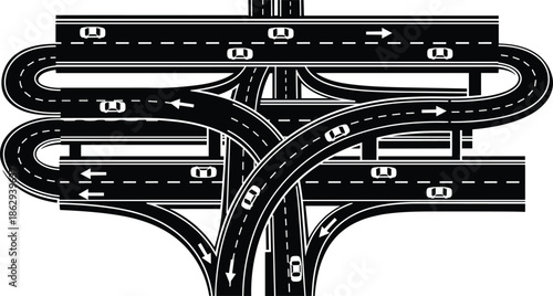 Abstract highway interchange illustration showing complex multi level road junction with cars arrows urban traffic infrastructure transportation network vector design modern city schematic artwork
