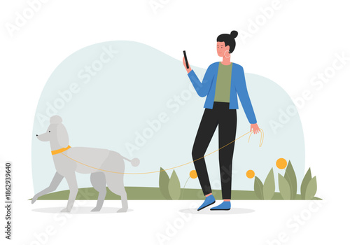 Woman walking with dog in city park, female pet owner holding mobile phone vector illustration