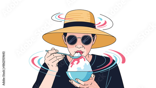 Person wearing a wide straw hat and dark sunglasses eating strawberry shaved ice with colorful motion blur effects on a white background.