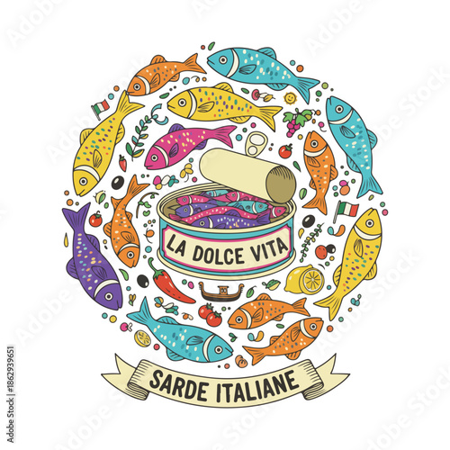 Hand-drawn Italian sardine can illustration surrounded by colorful fish and Mediterranean ingredients