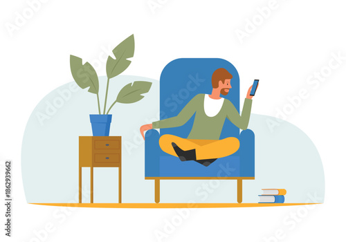 Man sitting in home chair with phone, customer holding smartphone for chat conversation vector illustration
