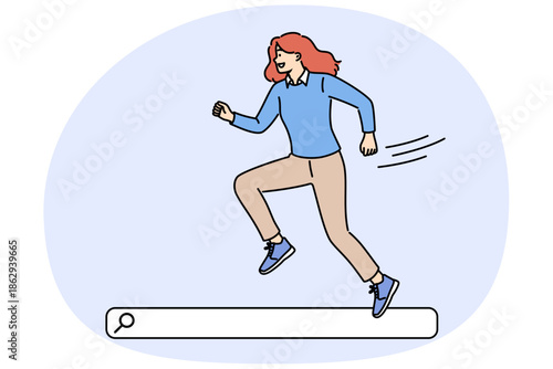 Woman runs through search bar, smiling, looking for useful information on internet and exploring websites. Girl with search bar recommends using services of seo specialist for website promotion