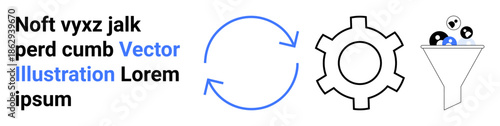 Circular arrows denote repetition, gear signifies process, and funnel highlights filtration for data refinement. Ideal for automation, workflow, data analytics, efficiency, optimization, business