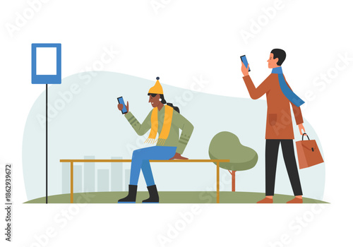 People with phones waiting for transport at city bus stop, female characters using mobile app online vector illustration