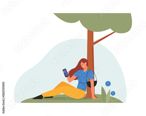 Young woman sitting under tree in summer city park with mobile phone, girl smiling vector illustration