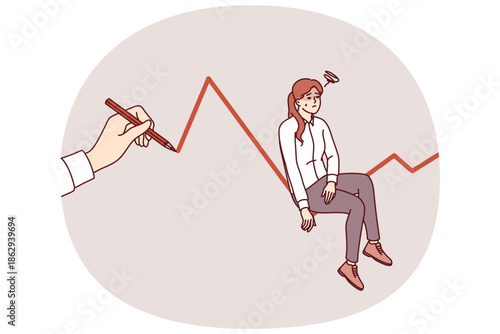 Business crisis for female manager sitting on unstable chart, near hand with pencil. Graph of sharp decrease in profitability and volatility caused by financial and economic crisis