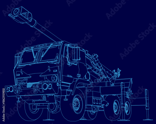 Blueprint of a military rocket launcher truck with a crane, featuring clean white contour lines on a dark blue background.