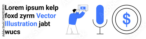 Person holding a tablet showing a video, large microphone, and dollar sign inside a circle. Ideal for media, technology, monetization, content creation, broadcasting, marketing simple landing page