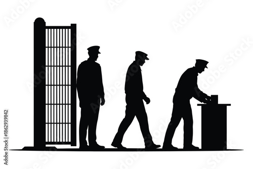 Prisoners in line at guard station isolated on white background, Vector, illustration