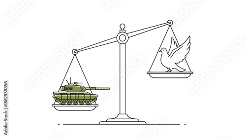Powerful illustration of a justice balance scale with a military tank on one side and a white dove of peace on the other, symbolizing the choice between war and peace.