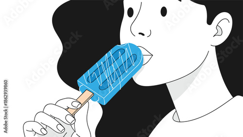Profile view of a person with long dark hair eating a refreshing blue popsicle with white drizzles in a minimalist illustration style.