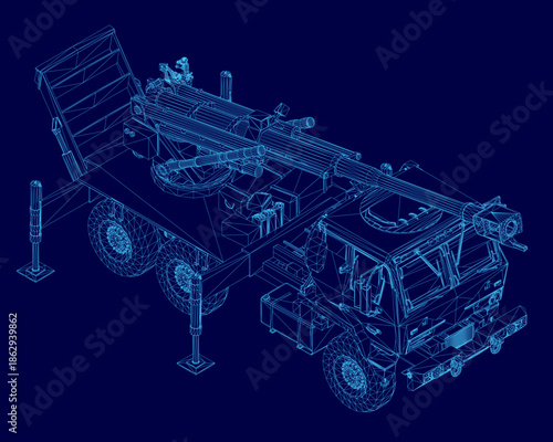 A 3D wireframe model of a military truck features a detailed rocket launcher system, isolated on a solid blue background for clear presentation.