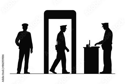 Security personnel operating metal detector isolated on white background, Vector, illustration